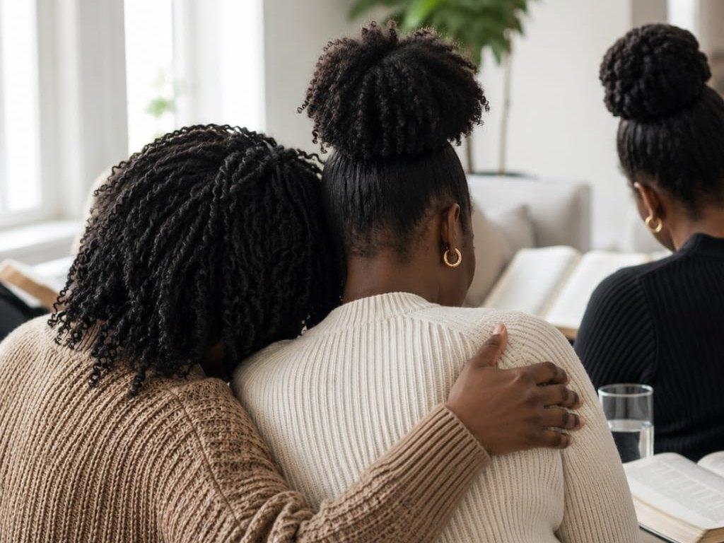 Two women sitting close on a couch, one with her arm around the other, open Bibles nearby